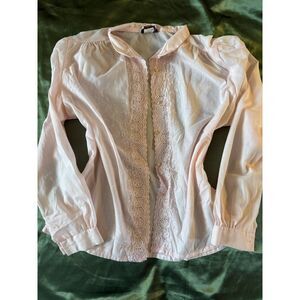 Vintage 80s Rhapsody Blush Pink Lace Embroidered Blouse Pearl Button Made in USA